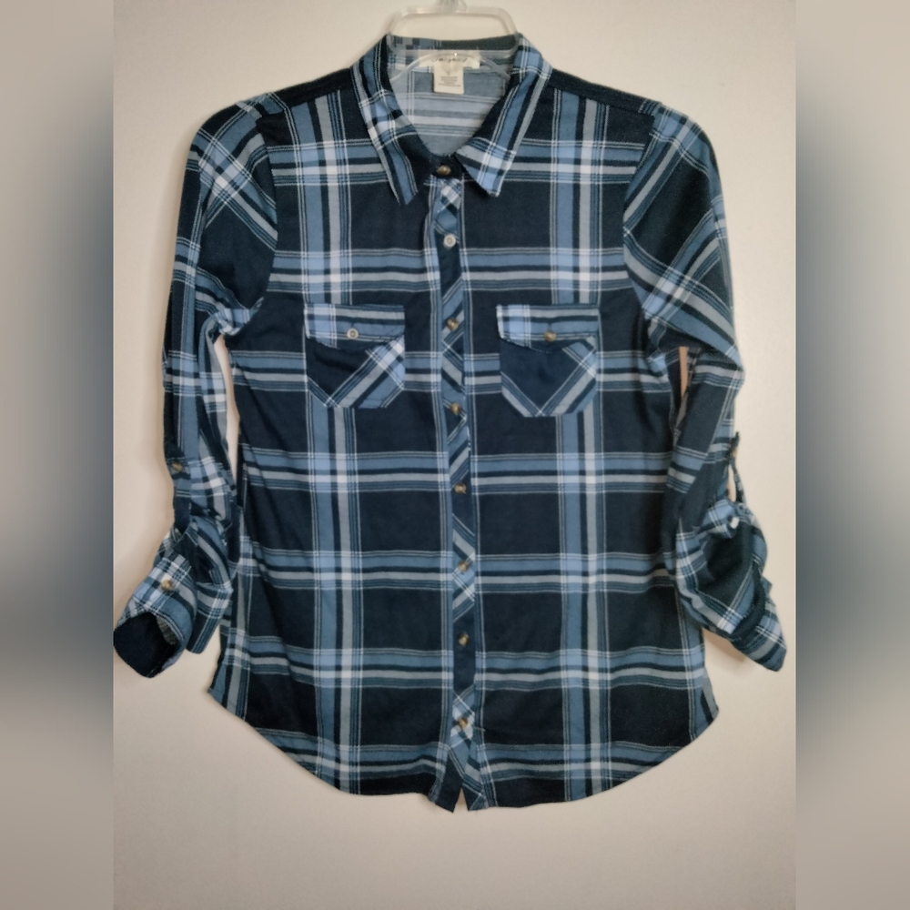 Passport (Size L) Multicolored Blue Plaid Stretch Button Down Front LS Shirt
